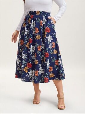 BloomChic Navy Floral Midi Skirt with Elastic Waist size 1X (14-16)